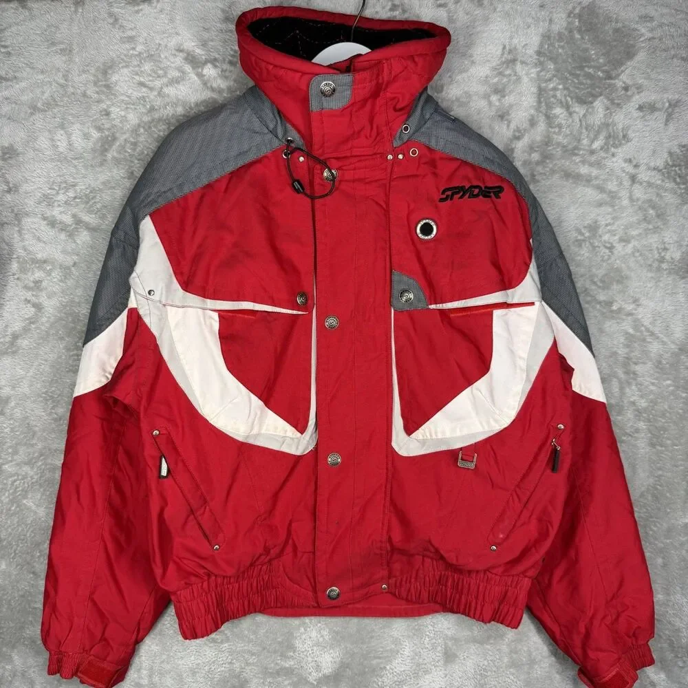 Vtg Spyder Jacket Mens Large Red Thinsulate Spiderweb Embroidered Ski Parka Hood